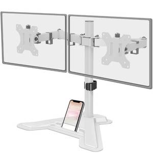 lot 42159 image: MOUNT PRO Dual Monitor Stand - Free Standing Full Motion Monitor Desk Mount Fits 2 Screens up to 27 inches,17.6lbs with Height Adjustable, Swivel, Tilt, Rotation, VESA 75x75 100x100,White