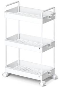 lot 42175 image: Ronlap 3 Tier Classic Storage Rolling Cart Slim Storage Cart with Wheels Slide Out Storage Rolling Cart Organizer Plastic for Bathroom Laundry, White