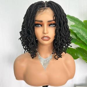 lot 42190 image: SOKU Short Curly Faux Locs Lace Frontal Wig 14 Inch Natural Black 4x4 Large Parting Space Twist Dreadlock Wigs for Balck Women Afro Curly Braided Synthetic Wig