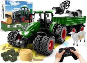 lot 42198 image: Uarzt Remote Control Tractor Toy, Kids RC Tractor Set & Truck and Trailer Front Loader - Metal Car Head8 WheelLight, Toddlers Farm Vehicle Toys for 3 4 5 6 7 8 9 Year Old Boys Girls Birthday Gift