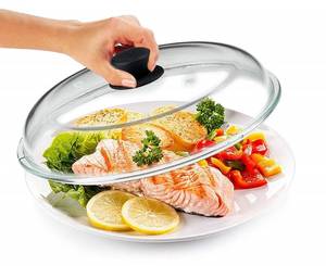 lot 42209 image: Bezrat Microwave Glass Plate Cover  Splatter Guard Lid with Easy Grip Silicone Handle Knob  100% Food Grade  BPA Free and Dishwasher Safe  Fits Plates and Bowls 11 x 2 inches (Black)
