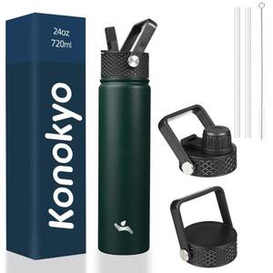 lot 42225 image: Konokyo Insulated Water Bottle with Straw,24oz 3 Lids Metal Bottles Stainless Steel Water Flask,Army Green