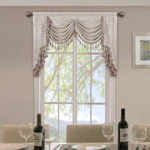 lot 42227 image: Loom and Mill Luxury Jacquard Waterfall Valance for Living Room, Floral Damask Swag Window Valances with Multi-Tassels, Elegant Swag Curtains for Bedroom Holiday Banquet Decor(W59, Light TaupeGold)