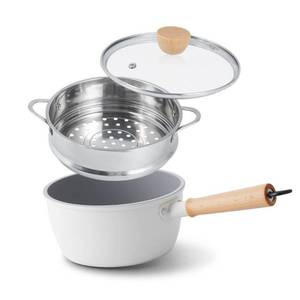 lot 42232 image: ROCKURWOK Ceramic Nonstick Sauce Pan, 3 QT Pot with Steamer, Non Toxic & PFAS-Free, Wooden Handle for Cool Touch, Universal Base(Gas, Electric & Induction), White