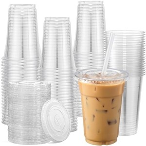 lot 42240 image: AOZITA 120 Sets - 16 oz Clear Plastic Cups with Lids, Disposable Cups With Straw Slot Lids for Cold Drinks, Milkshake, Smoothie, Iced Coffee and TO-GO Drinkings