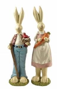 lot 42245 image: Easter Bunny Decorations Couple Rabbit Holding Bird Chutes and Carrot, Hand-Painted Crafts Statue, Spring Easter Bunny Figurine-9H