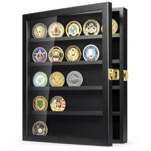 lot 42247 image: TJ.MOREE Military Challenge Coin Display Case, Coin Display Holder Wall Mount with Removable Shelves, Shadow Box for Medals Pin Badges Buttons