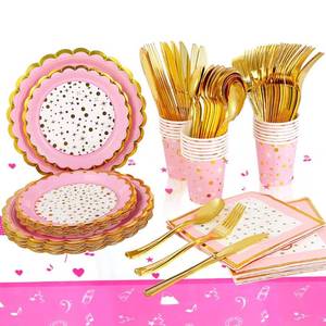 lot 42254 image: Pink and Gold Disposable Party Dinnerware Set, 20 Guest -141PCS with Paper Plates, Napkins, 9oz Cups, Plastic Silverware(Forks, Knives, Spoon), and Tablecloths, Party Supplies for Birthday Decoration
