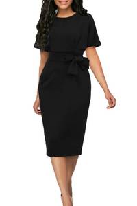lot 42262 image: YACUN Women Batwing Sleeve Bodycon Work Dresses High Waist Business Casual Office Pencil Dress with Belt Black XL