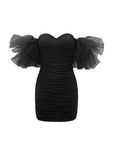 lot 42263 image: WDIRARA Womens Off Shoulder Prom Dress Puff Sleeve Ruched Mesh Cocktail Bodycon Party Elegant Mini Dresses Ruffle Trim Black L