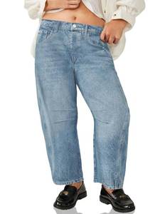 lot 42277 image: Beautife Womens Plus Size Barrel Jeans Baggy Boyfriend Mid Rise Wide Leg Cropped Ankle Horseshoe Denim Pants Light Blue 24 W