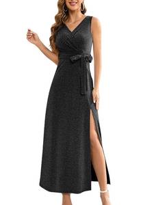 lot 42278 image: LYANER Womens Elegant Wrap V Neck Sparkly Glitter Tie Waist Belt Sleeveless High Split Maxi Dresses Black X-Large