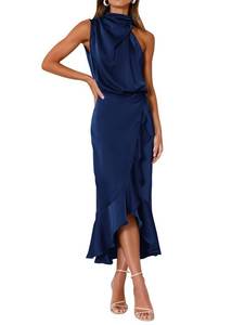 lot 42291 image: KIRUNDO Womens 2024 Summer Satin Mock Neck Party Cocktail Midi Dress Sleeveless Wrap Ruffle Mermaid Hem Formal Dresses(Dark Blue, Large)