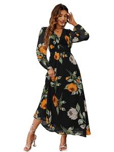 lot 42308 image: Simplee Women Casual Boho Floral Maxi Dress V Neck Long Sleeve Wedding Guest Dress Flowy Holiday Beach Empire Waist Long Dress (X-Large Black)