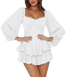 lot 42323 image: LYANER Womens Jumpsuit Lantern Long Sleeve Ruffle Layer Tie Mini Short Romper Solid White Small
