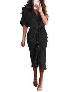lot 42330 image: BTFBM Women 2024 Button Down Ruched Shirt Dresses Short Sleeve Lapel V Neck Elegant Party Spring Summer Maxi Satin Dress(Short Sleeve Black, Large)