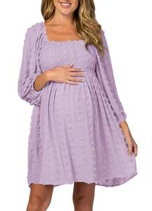 lot 42344 image: Ofenbuy Womens Long Sleeve Maternity Dress Square Neck Swiss Dot Casual Loose Short Dresses Light Purple. Small