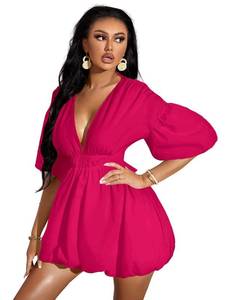 lot 42345 image: WDIRARA Womens Deep V Neck Puff Sleeve High Rise Flare Dress Elastic Waist Dress Hot Pink L