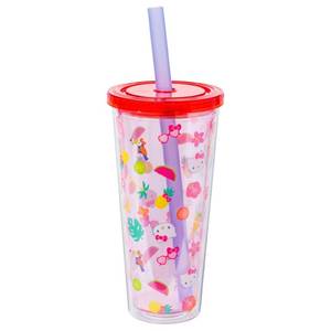 lot 42354 image: Silver Buffalo Sanrio Hello Kitty Tropical Summer Plastic Boba Tumbler with Lid and Wide Straw, 24 Ounces
