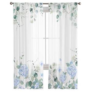 lot 42363 image: Flower Sheer Curtains 84 Inches Long Blue Hydrangea Voile Curtains Eucalyptus Leaves Elegant Floral Rod Pocket Semi Sheer Window Curtain for Living Room Bedroom Home Kitchen Yard Decor 2 Panels