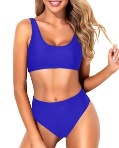 lot 42377 image: Tempt Me Women Royal Blue Two Piece Scoop Neck Bikini Crop Top Swimsuit Sporty High Waisted Bathing Suit S