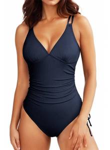lot 42380 image: Aleumdr Sexy One Piece Swimsuit for Women Ruched Tummy Control Bathing Suit High Cut V Neck Tie Side Swimwear Dark Blue Large