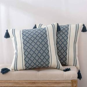 lot 42410 image: Set of 2 Boho Neutral Decorative Throw Pillow Covers 20x20 Inches, Square Large Woven Pillow Cases for Couch Sofa Bedroom Car, Luxury Farmhouse Decor Jacquard Pillowcase with Tassels, Blue