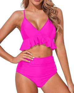 lot 42412 image: Tempt Me Women Dark Pink Two Piece Swimsuits High Waisted Bikini Set Ruffle Flounce Tummy Control Bottoms Bathing Suit S