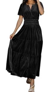 lot 42426 image: R.Vivimos Womens Fall Winter Vintage Velvet Dress Short Sleeve V Neck Elastic Waist Tiered Ruffle A-Line Flowy Elegant Maxi Dress (X-Large, Black)