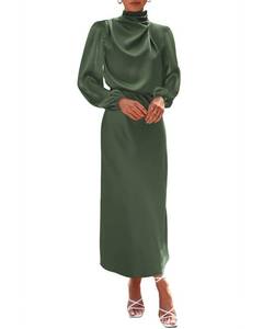 lot 42428 image: BTFBM Womens Mock Neck Satin Dress Elegant Long Sleeve Elastic High Waist Formal Wedding Cocktail Party Maxi Dresses(Solid Army Green, XX-Large)