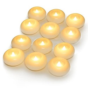 lot 42430 image: Homemory 3 Inch Flameless Floating Candles, White Real Wax, 100 Hour, Battery Flickering Waterproof Tealights-Wedding Centerpiece, Engagement, Dinner Parties, Beach Parties, Home Decor, Set of 12