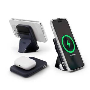 lot 42437 image: MOFT Modular Magnetic Phone Stand Power Bank Set, Foldable Stand and Portable Wireless Charger with Magnetic USB-C Cable for iPhone 141312 Series,Deep Blue