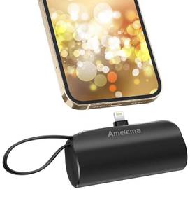 lot 42451 image: amelema Small Portable Charger for iPhone, 5000mAh Mini Power Bank with Built-in CableMetal Stand, Cute Battery Pack Compatible with iPhone 1414 PlusPro Max131211XSXRX87Airpods (Black)
