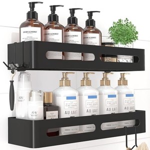 lot 42478 image: Sakugi Shower Caddy - X-Large Adhesive Shower Organizer, Rustproof Shower Shelves for inside Shower, Stainless Steel Shower Rack for Bathroom, Home Decor, No Drill, Black, 2 Pack