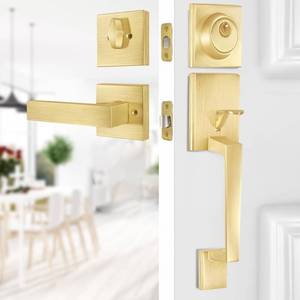 lot 42517 image: BonKuDoo Entry Front Door Handle, Satin Brass Square Front Door Lock Set with Single Cylinder Deadbolt and Low Half Lever