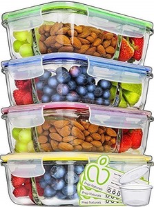lot 42521 image: PrepNaturals 4 Pack 34 Oz Glass Meal Prep Containers - Dishwasher Microwave Freezer Oven Safe - Glass Storage Containers with Lids (Multi-Compartment)