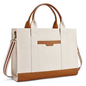 lot 42532 image: Missnine Tote Bag Canvas Laptop Bag 15.6 inch Briefcase for Women Large Capacity Handbag for Office, College, Travel (BrownBeige)