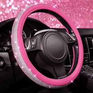 lot 42541 image: CAR PASS Diamond Pink Leather Steering Wheel Cover, with Bling Crystal Rhinestones Universal Fit 14 12-15 Crystal Glitter for Women Sparkle Girl Fit Suvs,Vans,Sedans,Cars,Trucks, Pink Diamond