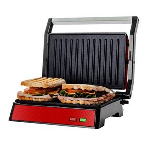lot 42542 image: OVENTE Electric Panini Press Sandwich Maker with Non-Stick Coated Plates, Opens 180 Degrees to Fit Any Type or Size of Food, 1000W Indoor Grill Perfect for Quesadillas, Burgers & More, Red GP0620R