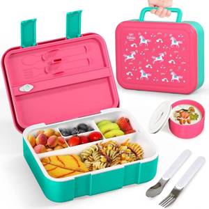 lot 42543 image: Lehoo Castle Bento Lunch Box for Kids, 1250ml, with 5 Compartments, Spoon, Fork, Sauce Jar, Leak Proof, BPA-Free, Sizes for Boys and Girls Ages 3 to 7 (Rose-Unicorn)