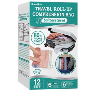 lot 42550 image: 12 Roll Up Space Saver Bags for Travel, Travel Compression Bags for Packing & Clothes, No Pump or Vacuum Needed