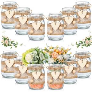 lot 42558 image: Mumufy 12 Pcs Mason Jar Table Centerpiece with 12 Lace Sleeves and 12 Heart Shaped Hemp Rope Rustic Mason Jar Vases Reception Engagement Party Bridal Shower Centerpieces Wedding Table Decorations