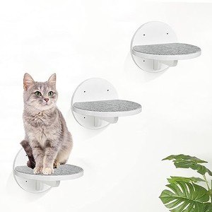 lot 42563 image: Y&ME YM 3-Packs Cat Climbing Shelves Wall Mounted, Cat Wall Steps Shelves, Cat Wall Shelves with Scratching Pad, Cat Wall Furniture for Cats Sleep Climb Play, Cat Shelves Cat Stairs Cat Ladder (White)