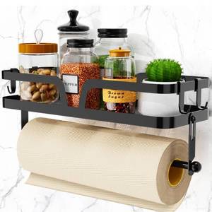 lot 42568 image: Taozun Paper Towel Holder with Shelf, Kitchen Paper Holder Spice Rack Black Paper Towel Roll Holder RV Paper Towel Rack with 4 Hooks(2 Installation Methods - Self-Adhesive and Drilling)