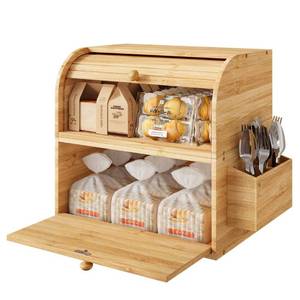 lot 42590 image: TQVAI Natural Bamboo 2 Layer Large Bread Box for Kitchen Counter Wood Bread Storage Container - Can Use as 2 Individual Bread Bin - Assembly Required, Original