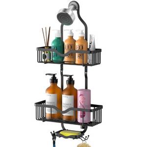 lot 42594 image: Kadolina Hanging Shower Caddy, Over Head Shower Caddy Shower Organizer Rack Basket with Soap Dish, Hooks for Razor and Sponge (Matte Black)