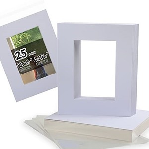 lot 42601 image: Acid Free 8x10 Pre-Cut Picture Mat Board Kit for 5x7 Photo, Includes 25 White Core Bevel Cut Mattes, 25 Backing Boards, 25 Crystal Clear Bags