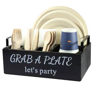 lot 42602 image: Paper Plate Holder, Utensil Caddy Organizer, Wood Paper Plate Dispenser, Silverware Caddy Holder, and Disposable Coffee Bar Accessories Box for Kitchen Counter, Party, Camping, Picnic (6 compartment)