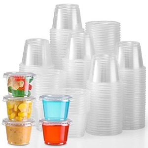 lot 42605 image: 130 Sets - 1 Oz  Jello Shot Cups, Small Plastic Containers with Lids, Airtight and Stackable Portion Cups, Salad Dressing Container, Dipping Sauce Cups, Condiment Cups for Lunch, Party to Go, Trips