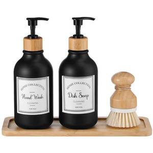 lot 42609 image: Zopeal 4 Pcs Kitchen Soap Dispenser Set 16 oz Dish Soap Dispenser with Bamboo Tray and Dish Brush Plastic Soap Dispenser Set with Waterproof Labels for Hand Soap Dish Lotion(Frosted Black)